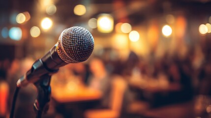Close-up microphone in a dimly lit entertainment venue.