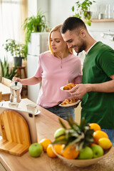 Fototapeta premium Loving couple enjoys a cozy breakfast together in their sunny kitchen filled with fresh fruits