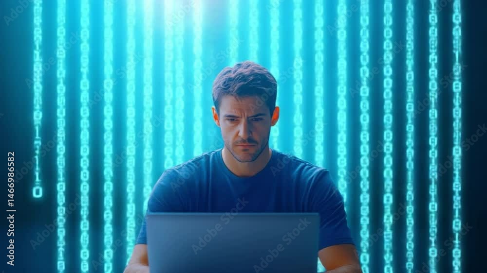 Fototapete Coding Vigilance: A focused individual works diligently at a laptop, immersed in a dynamic digital environment marked by streams of binary code.