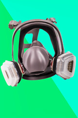 Safety gear showcased with mask and filter components for effective protection in various...
