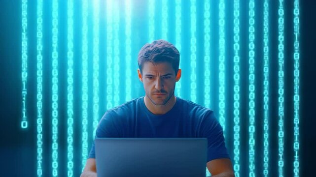 Coding Vigilance: A focused individual works diligently at a laptop, immersed in a dynamic digital environment marked by streams of binary code.