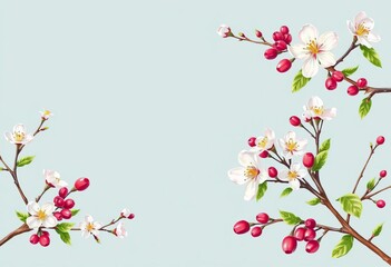 Naklejka premium Spring rectangular banner with hand-drawn blossom branches and berries Plenty of copy space, bright, branches