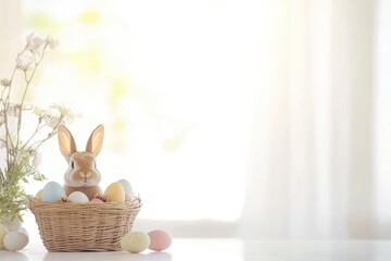 Easter bunny in a basket with colorful eggs, springtime flowers, soft light