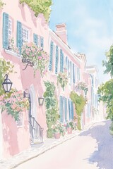 Fototapeta premium Gouache Illustration of Charleston South Carolina Sunny Morning with Soft Pastel Colors and Vintage Vibes
