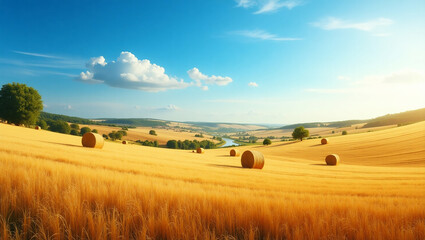 Obraz premium Rolling Wheat Fields with Hay Bales Under a Clear Sky