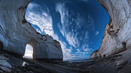 Coastal archway sunrise, dramatic sky, Etretat cliffs, France