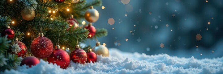 Fototapeta premium Christmas tree ornaments, festive decorations, winter background, new year, illustration