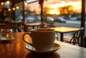Fototapeta premium Steaming coffee in ceramic mug, sunset cafe ambiance, beverage, sunset