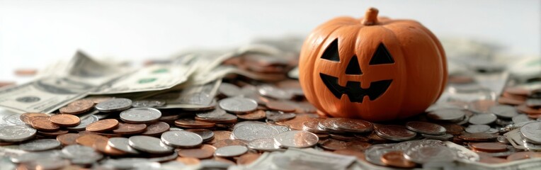 Halloween pumpkin surrounded by coins and cash creates a festive atmosphere for the holiday season