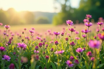 Delicate pink and purple wildflowers create a stunning carpet across a sun-drenched field , wildflower meadow, botanical