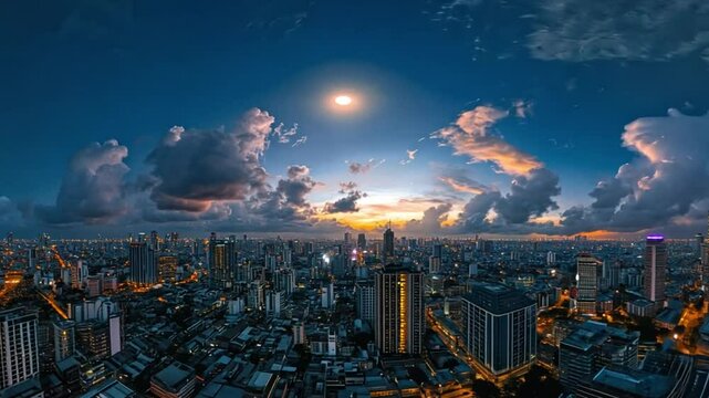 Spectacular Panoramic Night View of Bangkok Skyline Under a Dramatic Sky