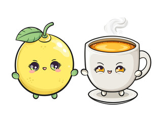 A friendly Lemon and a Tea Cup are depicted with kawaii-style faces and cheerful expressions.