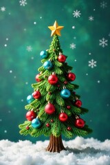 Obraz premium Smiling pine tree with colorful baubles, retro style Christmas card , new year, greeting