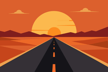 sunset over a quiet desert road stretching 