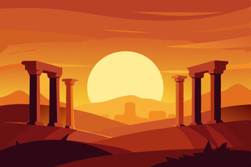 Fototapeta premium sunset over desert ruins with ancient columns 