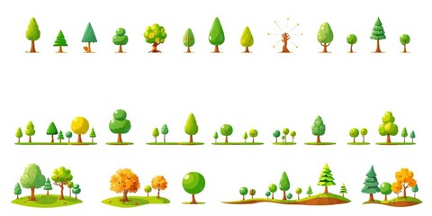 Obraz premium Stylized treetop icons; various shapes & sizes for architectural & landscape map design, forest, geography