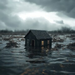 A small, dark wooden house partially submerged in murky floodwaters under a stormy sky