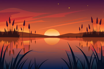 Obraz premium sunset sky mirrored in a quiet wetland full of ree.svg