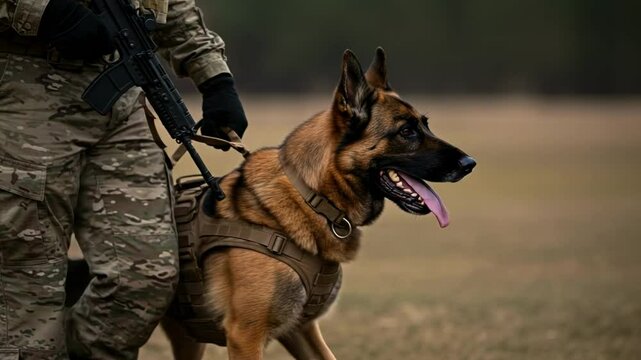 Alert german shepherd military working dog in a harness stands faithfully beside a soldier holding a rifle in a field, representing k9 units, security operations and defense partnership