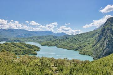 
Bovilla, Albania - April 27, 2024. Attractive spring view of Bovilla Lake, Tirana city location. Majestic morning landscape of Albania, Europe. Beauty of nature concept background. Hike, breath relax
