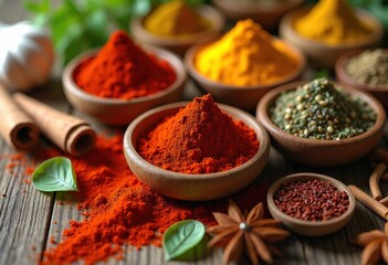 colorful spices vibrant arrangement wooden surface textured organic culinary display natural ingredients, textures, kitchen, cuisine, grain, bark, flavor