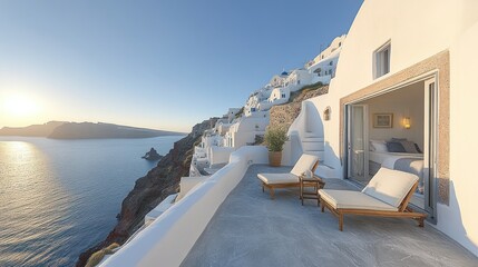Fototapeta premium Breathtaking Santorini balcony overlooking the caldera. Sunrise hues paint the Aegean Sea. Luxurious, private terrace with panoramic views