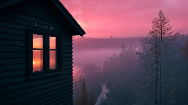 Rustic cabin sunrise valley landscape