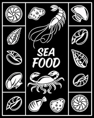Delicious seafood graphics featuring various marine delicacies in black and white