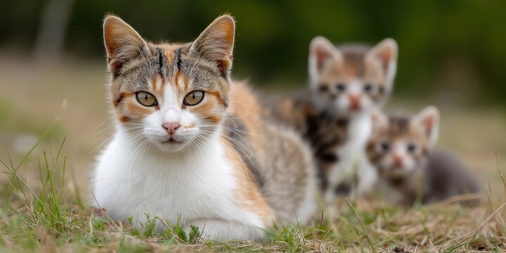 Calico cat with kittens in natural outdoor setting