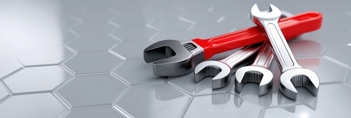Set of wrenches on metal hexagonal background for mechanics and diy enthusiasts