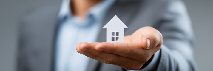 Male hand holding small house icon symbolizing real estate investment and property ownership