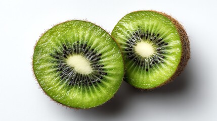 Fototapeta premium A vibrant close-up of a halved kiwi showing its green flesh and black seeds, perfect for showcasing healthy eating, organic food, and fresh tropical flavors.