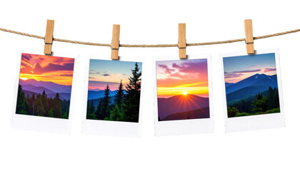 Four Polaroidstyle photos clipped to a twine string with wooden clothespins showing scenic 