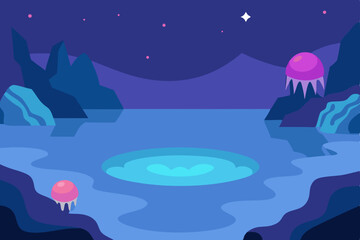 Obraz premium twilight ocean cove with tide pools and glowing 