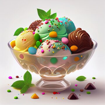 Coupe en verre avec plusieurs boules de glaces aux parfums variés, parsemées de pépites colorées. Generated image
