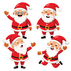 Four cheerful cartoon depictions of Santa Claus in various joyful poses