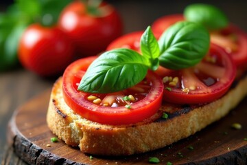 Sliced tomatoes & basil on grilled rustic bread , rustic, olive oil, eating