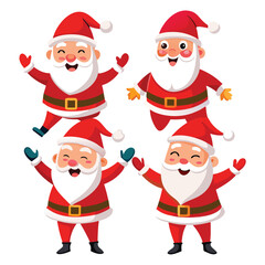 Four cheerful cartoon depictions of Santa Claus in various joyful poses