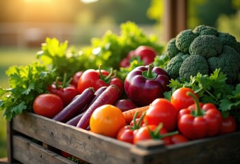 vibrant colorful vegetables freshly harvested displayed wooden crate organic produce healthy freshness, tomato, pepper, lettuce, radish, potato, eggplant