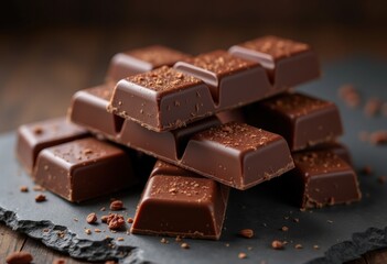 decadent luscious dark chocolate bars stacked slate background textured surface smooth finish, candy, snack, melt, bittersweet, cocoa, rich, sweet
