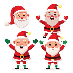 Four cheerful cartoon depictions of Santa Claus in various joyful poses