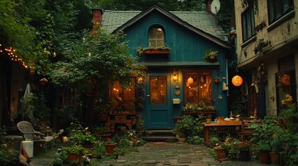 Fototapeta premium Charming, cozy, teal-colored cottage in a hidden courtyard, adorned with warm lights and greenery