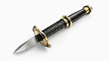 An ornate decorative dagger with a black handle and gold accents is displayed against a simple white background, showcasing its blade and craftsmanship.