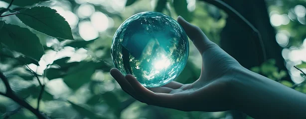 A hand holds a luminous, teal-colored sphere amidst lush foliage