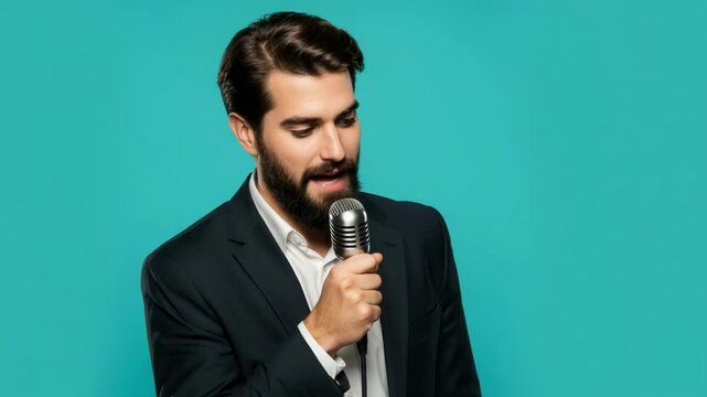 Stand-up comedian in a suit delivers his monologue speaking intently into a vintage microphone against a plain blue studio background, representing live comedy performance and entertainment