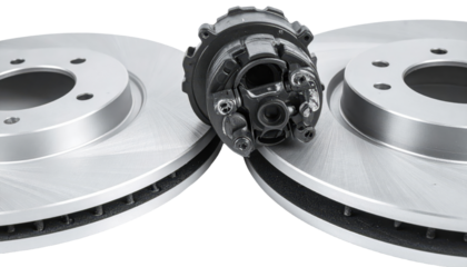 brake disc and caliper closeup on white background