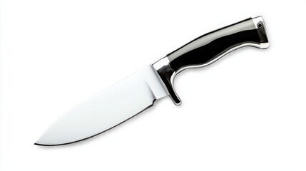 Fototapeta premium A hunting knife with a silver blade and black handle is presented on a white background, reflecting light and displaying its sleek design qualities.