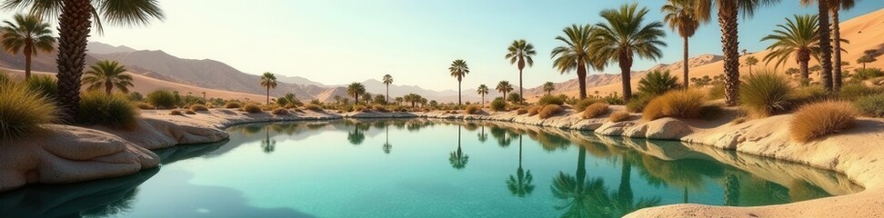 Small pond surrounded by date palms, clear sky, sky, relaxation, dry