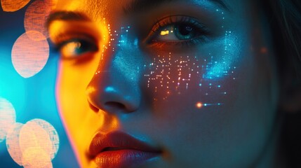 Fototapeta premium Close-up portrait of a young woman with glowing digital patterns on her face, illuminated by colorful bokeh lights.