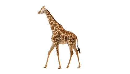 Obraz premium Elegant Giraffe Striding Gracefully on a White Background, Isolated for Design
